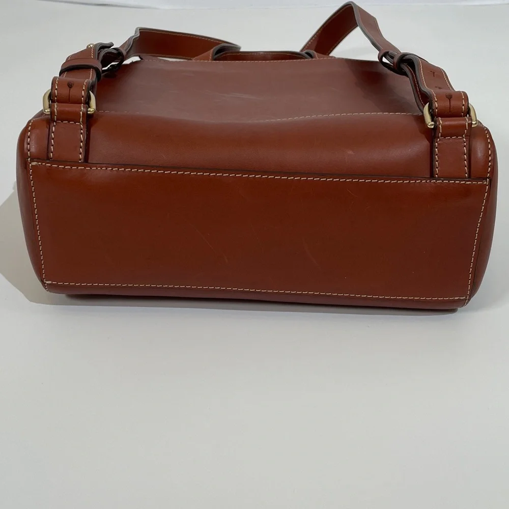 Paul Stuart 100% Leather Backpack Tan Brown Red Lining Gold Hardware